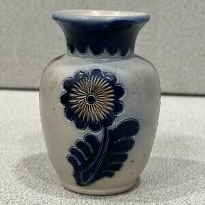 VTG German Cobalt Blue Salt Glaze Folk Cottagecore Pottery Floral Vase Numbered